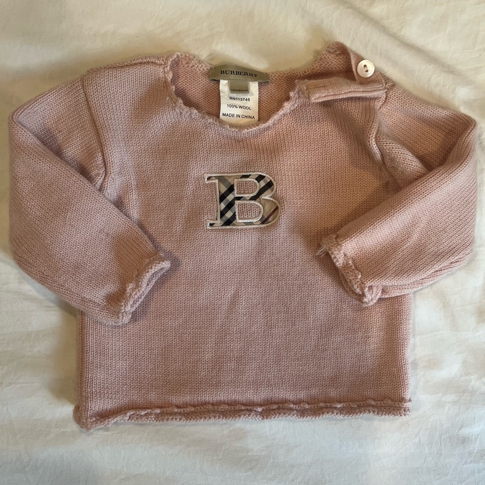 Burberry Pink Knit Baby Sweater with Check 'B' Patch